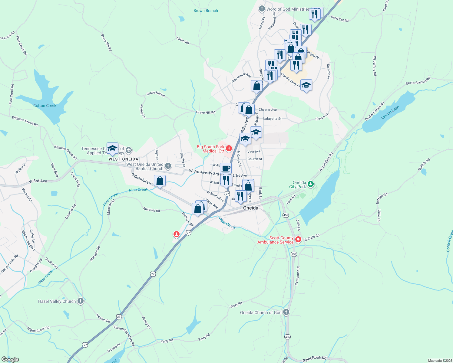 map of restaurants, bars, coffee shops, grocery stores, and more near 18577 Alberta Street in Oneida