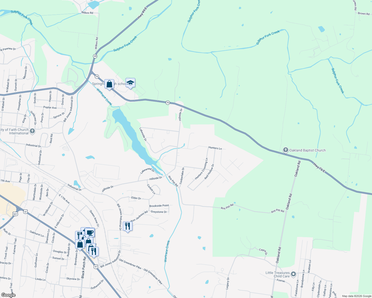map of restaurants, bars, coffee shops, grocery stores, and more near 932 Hunters Lane in Springfield
