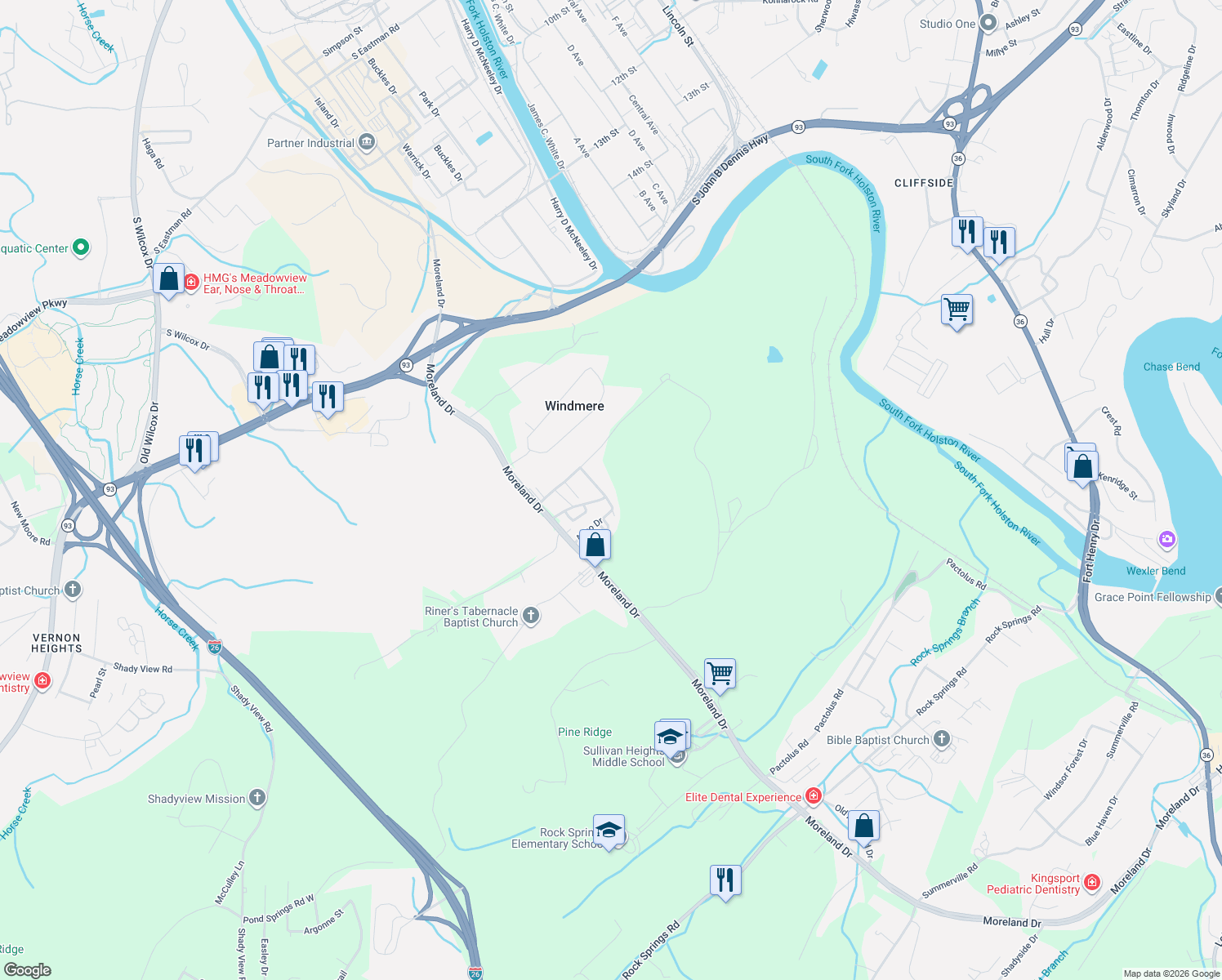 map of restaurants, bars, coffee shops, grocery stores, and more near 196 Anco Drive in Kingsport