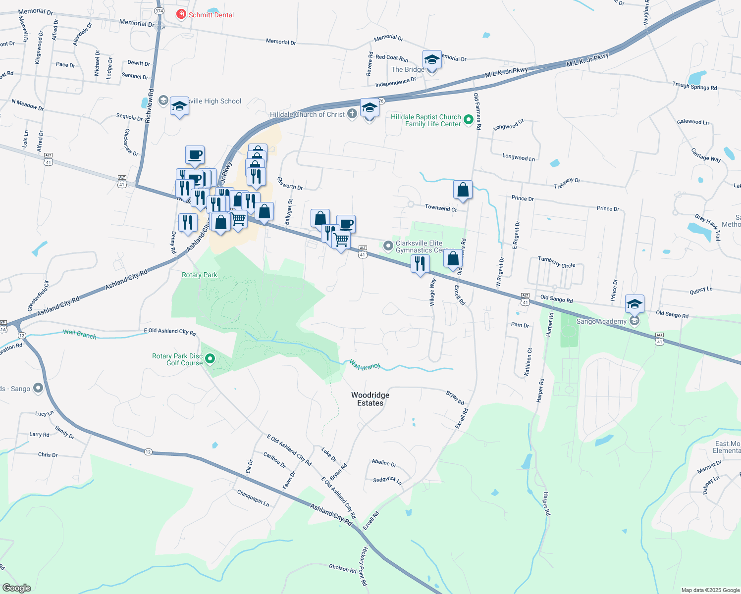 map of restaurants, bars, coffee shops, grocery stores, and more near 2602 Delano Drive in Clarksville