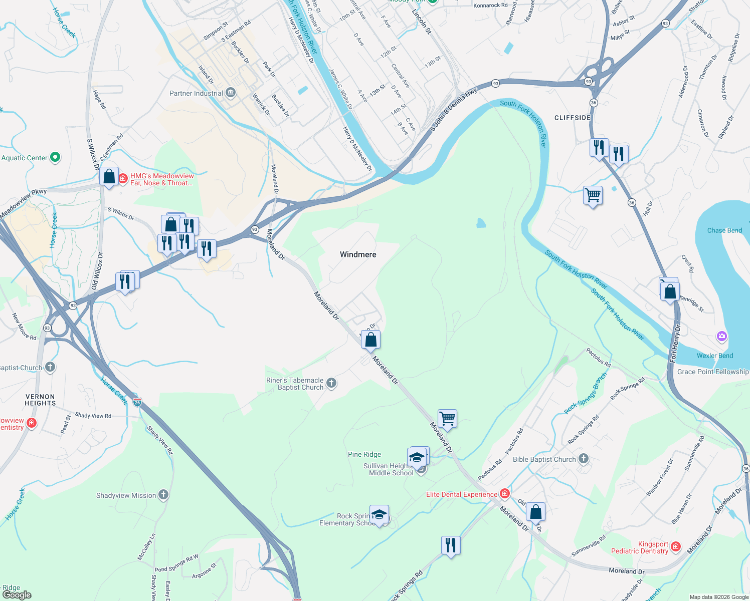map of restaurants, bars, coffee shops, grocery stores, and more near 196 Anco Drive in Kingsport