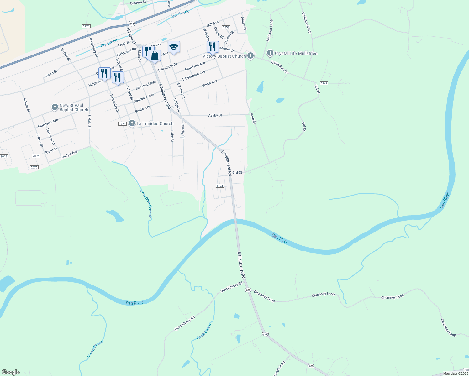 map of restaurants, bars, coffee shops, grocery stores, and more near 720 South Fieldcrest Road in Eden