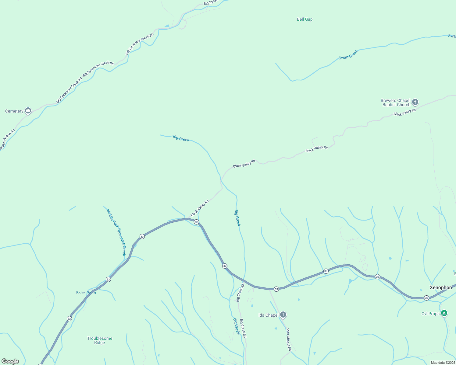 map of restaurants, bars, coffee shops, grocery stores, and more near Black Valley Road in Sneedville
