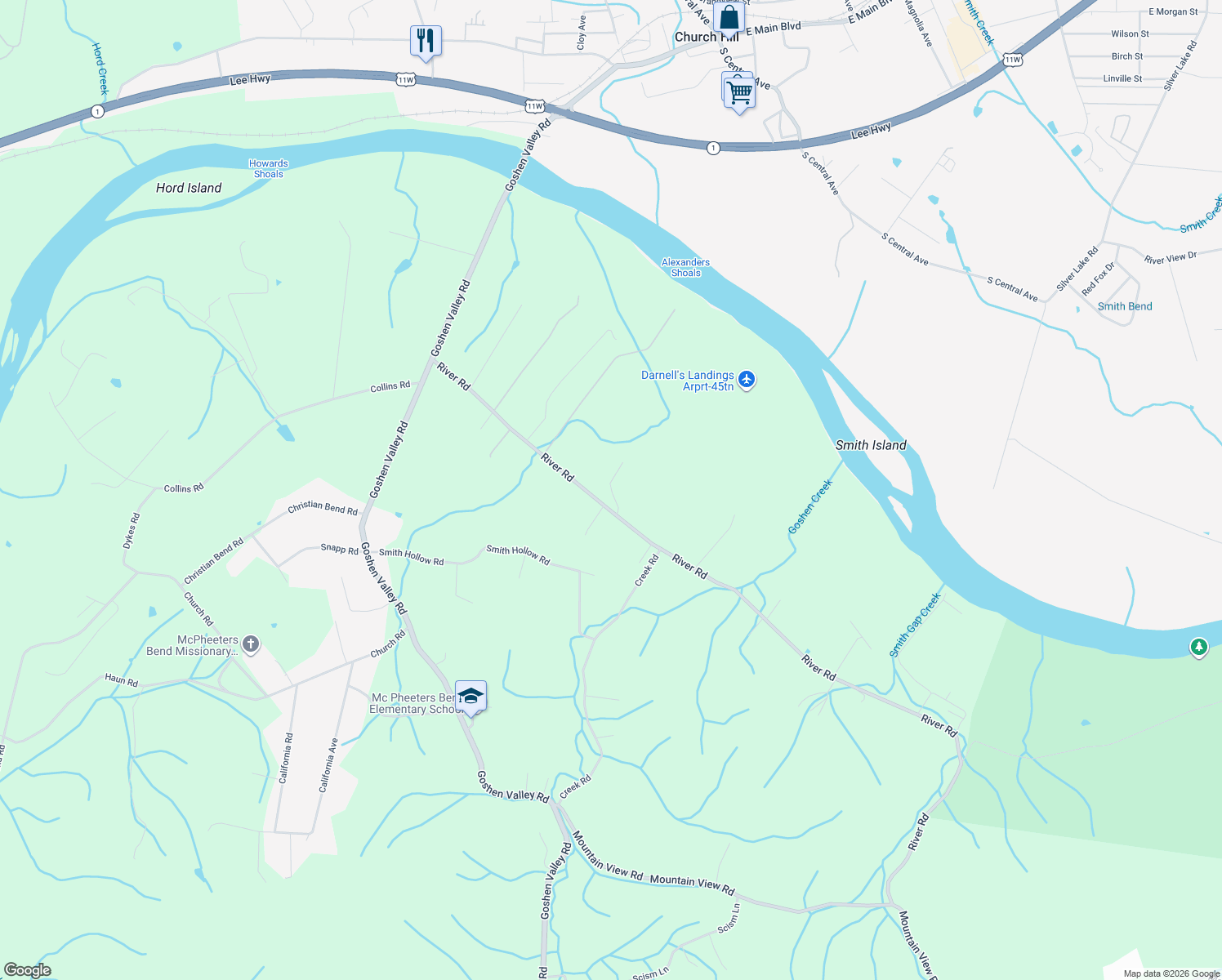 map of restaurants, bars, coffee shops, grocery stores, and more near Patterson Rd in Church Hill