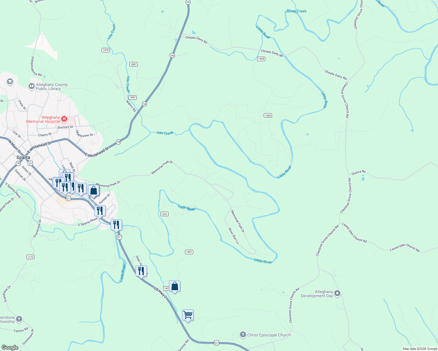 map of restaurants, bars, coffee shops, grocery stores, and more near 2D Alleghany Manor Road in Sparta