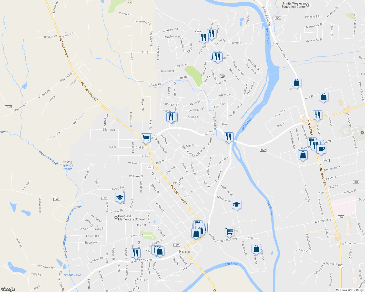 map of restaurants, bars, coffee shops, grocery stores, and more near 200 Hollingsworth Street in Eden