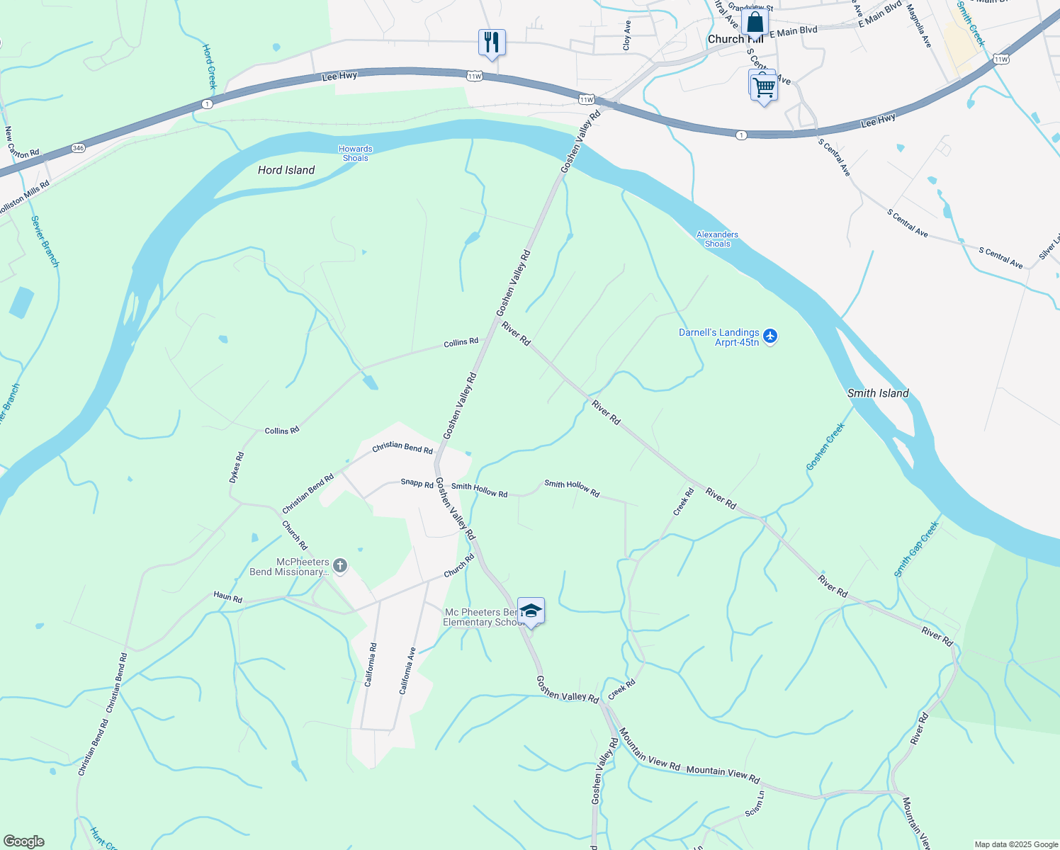 map of restaurants, bars, coffee shops, grocery stores, and more near 216 River Road in Church Hill