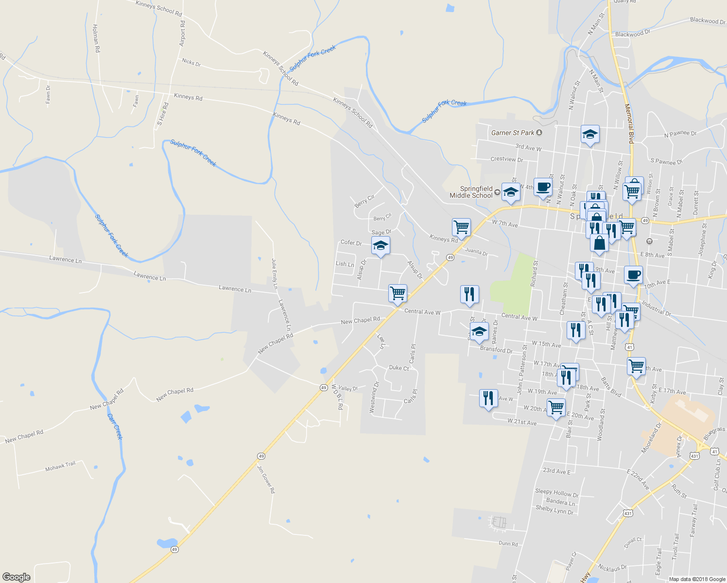 map of restaurants, bars, coffee shops, grocery stores, and more near 308 Pitt Lane in Springfield