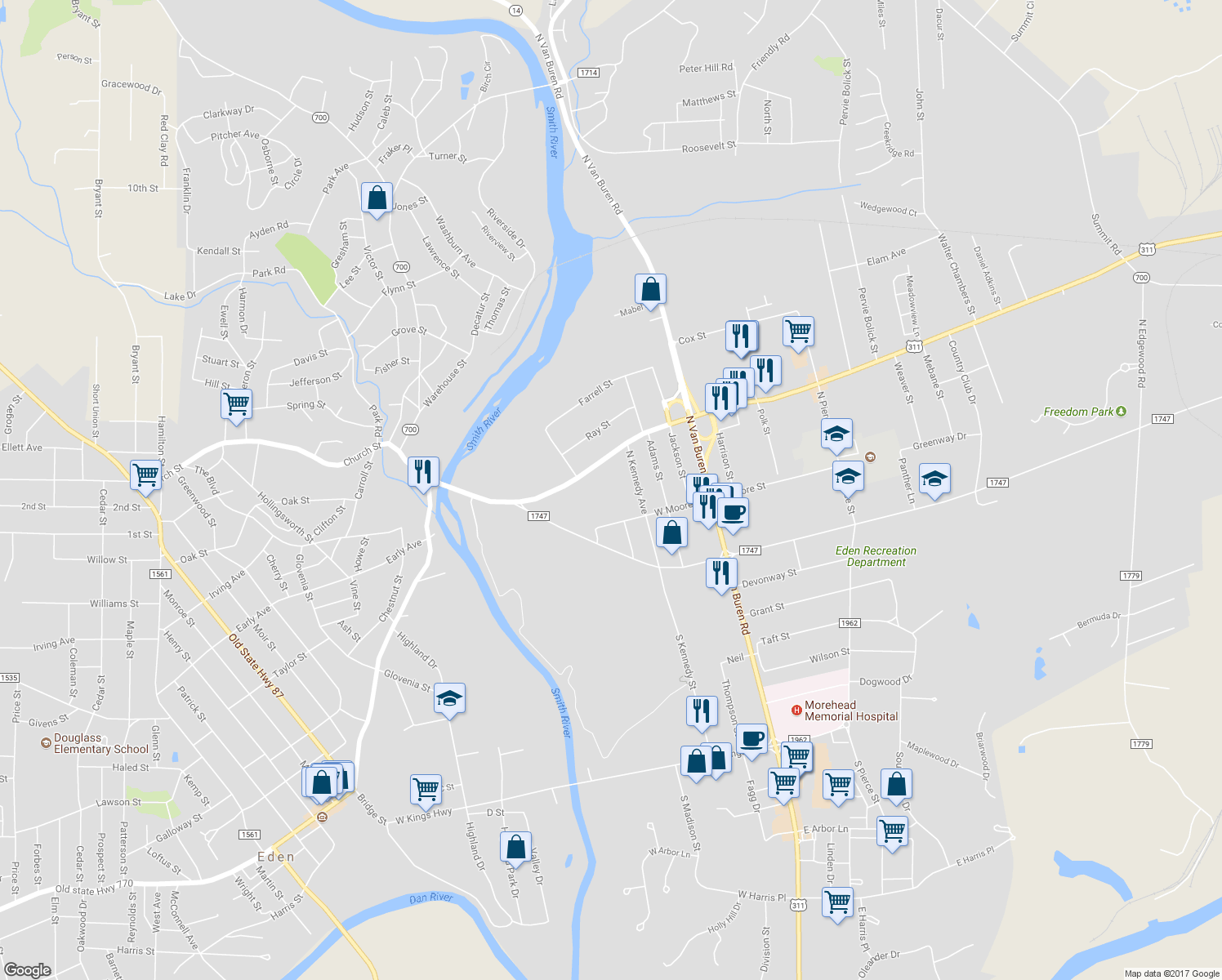 map of restaurants, bars, coffee shops, grocery stores, and more near 219 Madison Street in Eden