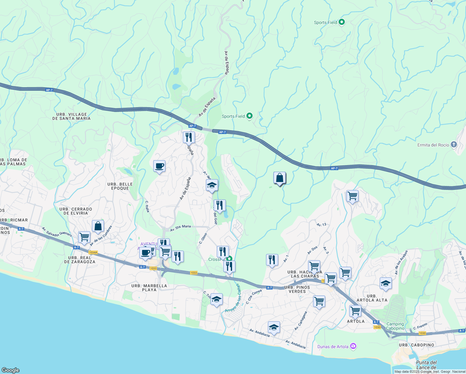 map of restaurants, bars, coffee shops, grocery stores, and more near 5 Calle Lila in Marbella