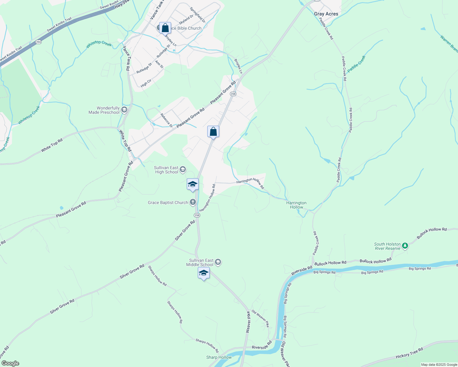 map of restaurants, bars, coffee shops, grocery stores, and more near 260 Harrington Hollow Road in Bluff City