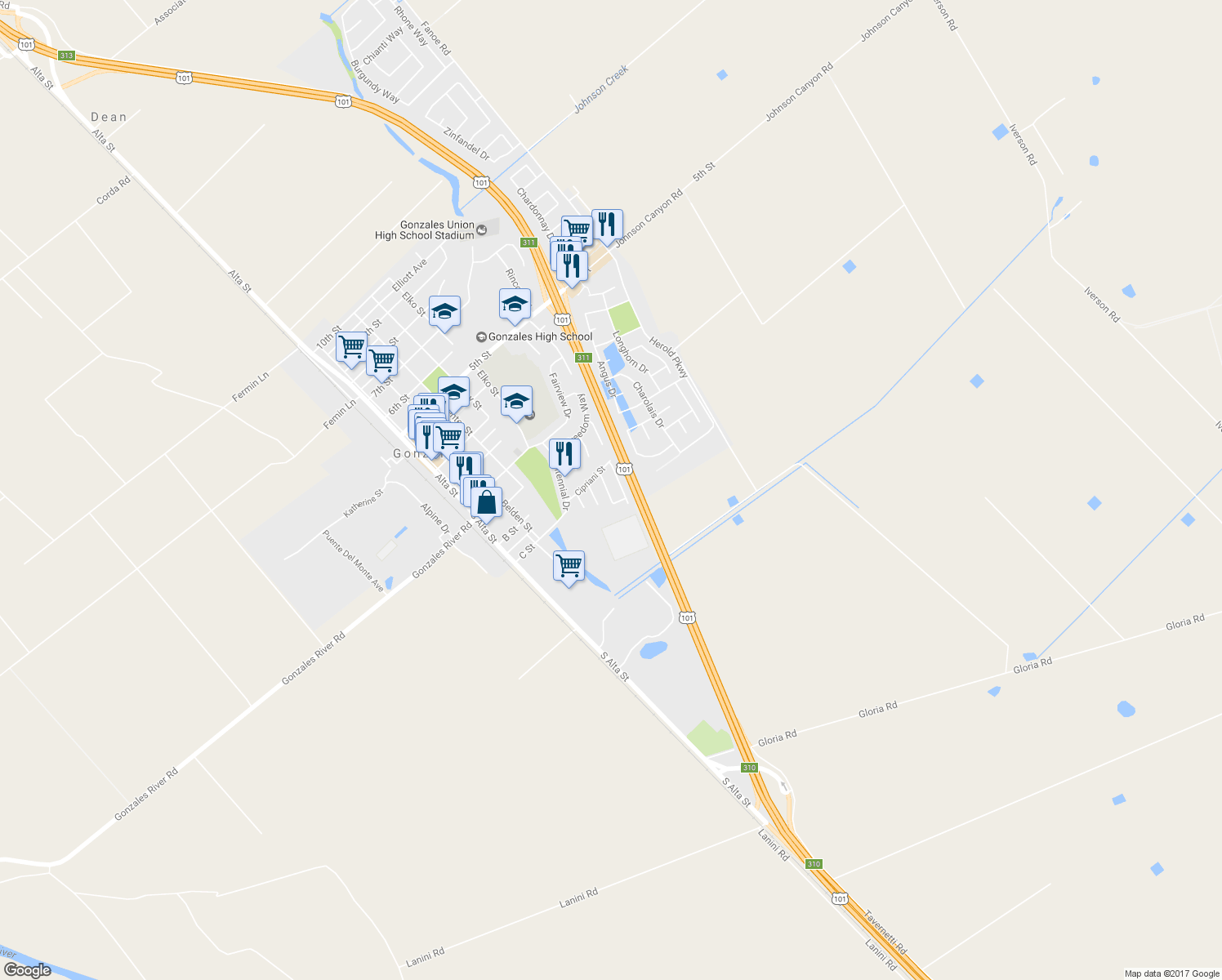 map of restaurants, bars, coffee shops, grocery stores, and more near 420 Venice Way in Gonzales