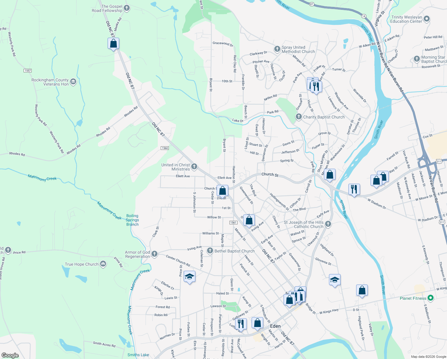 map of restaurants, bars, coffee shops, grocery stores, and more near 1000 Ellett Avenue in Eden