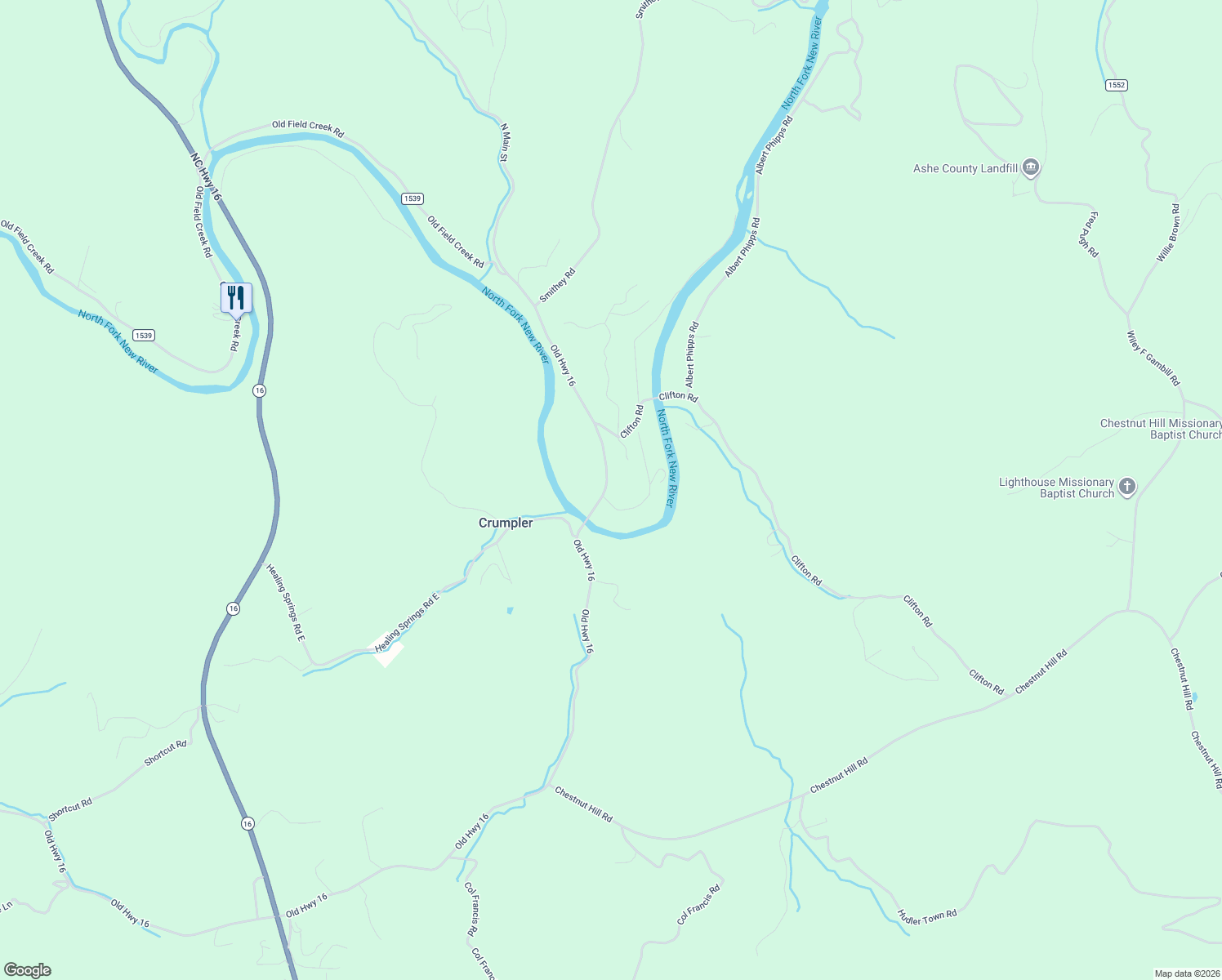 map of restaurants, bars, coffee shops, grocery stores, and more near 9540-9766 North Main Street in Crumpler