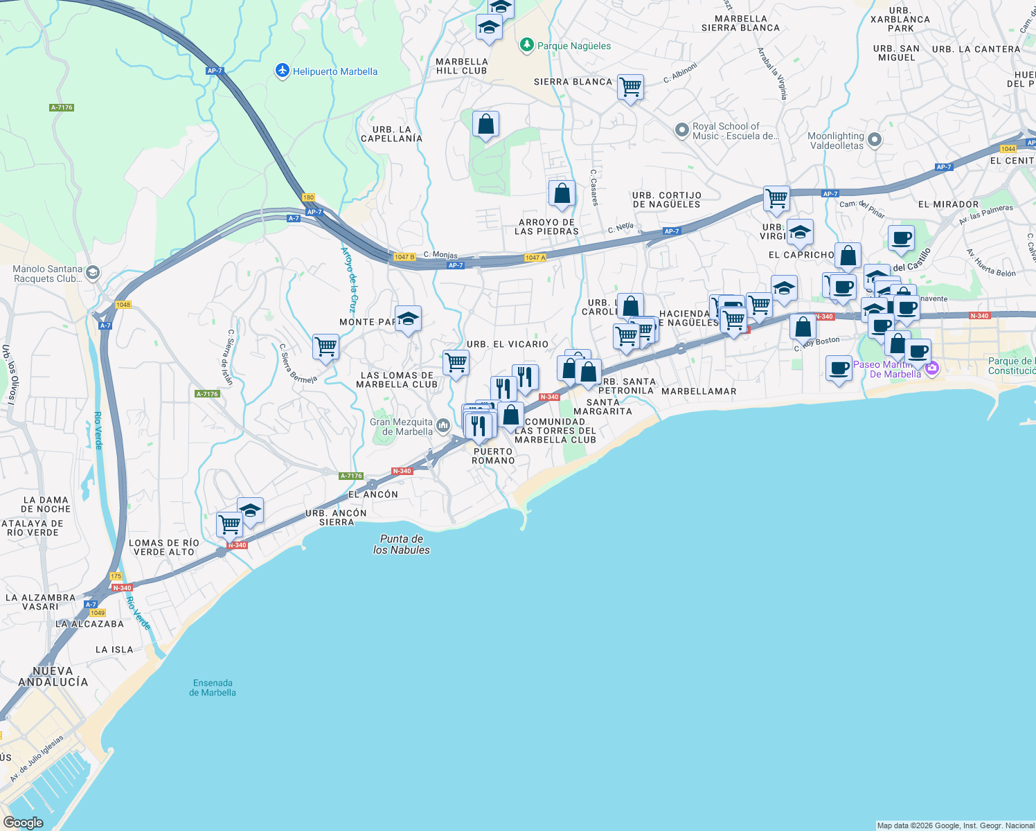 map of restaurants, bars, coffee shops, grocery stores, and more near 1 Avenida Bulevar Príncipe Alfonso de Hohenlohe in Marbella