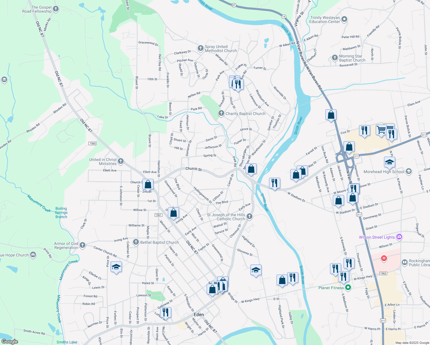 map of restaurants, bars, coffee shops, grocery stores, and more near 607 Church Street in Eden
