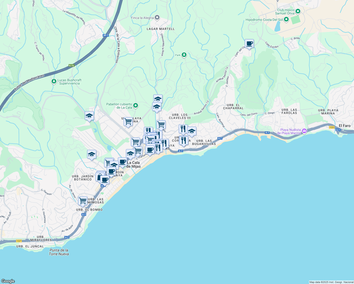 map of restaurants, bars, coffee shops, grocery stores, and more near 39 Urbanización los Claveles 1y2 in Las Lagunas de Mijas