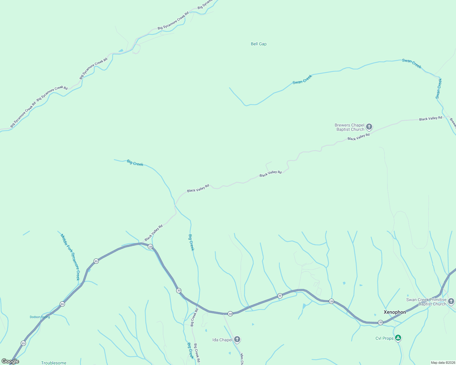 map of restaurants, bars, coffee shops, grocery stores, and more near 1021 Black Valley Road in Sneedville
