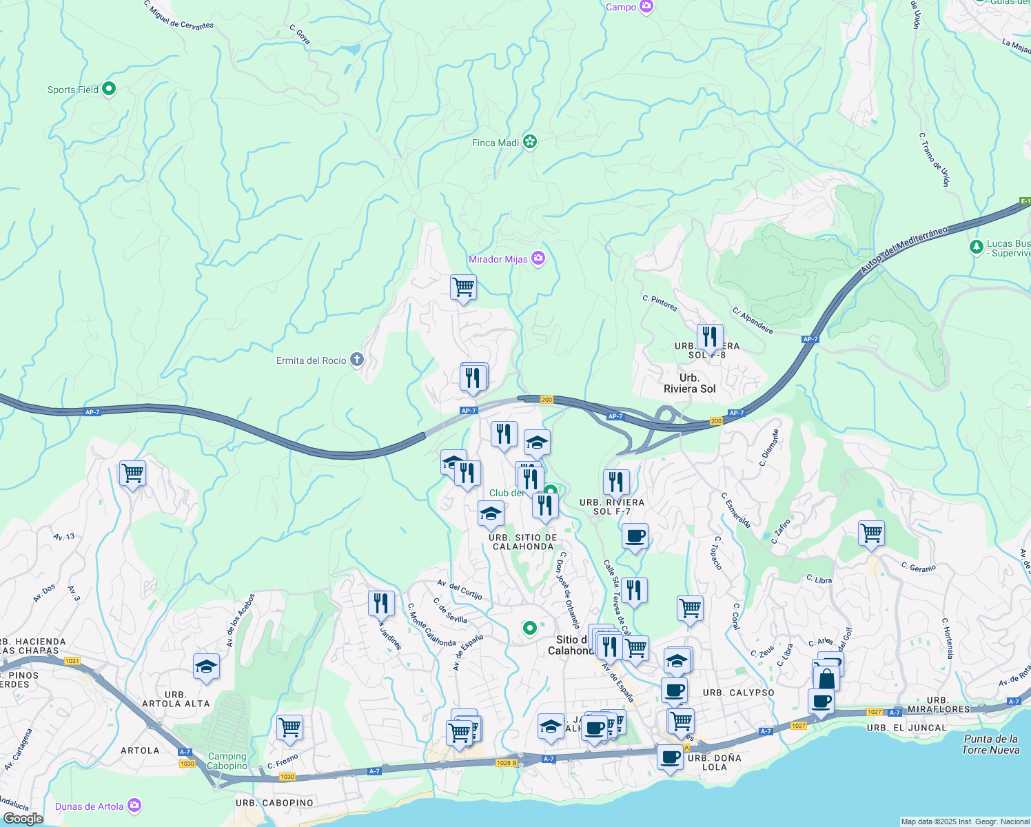map of restaurants, bars, coffee shops, grocery stores, and more near 2 Calle Huelva de Calahonda in Mijas