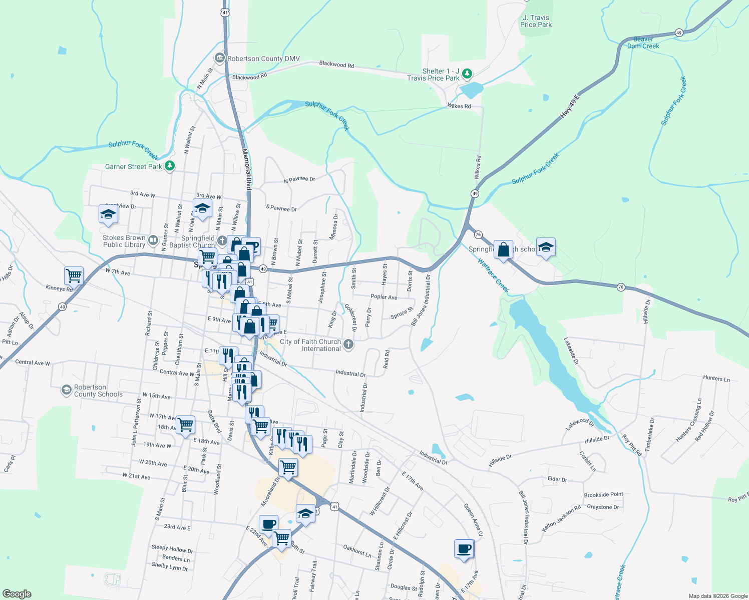 map of restaurants, bars, coffee shops, grocery stores, and more near 813 Poplar Ave in Springfield
