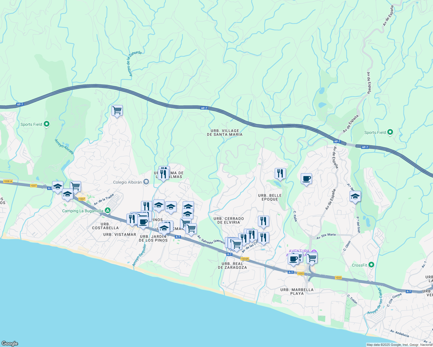 map of restaurants, bars, coffee shops, grocery stores, and more near 3 Calle Menta in Marbella