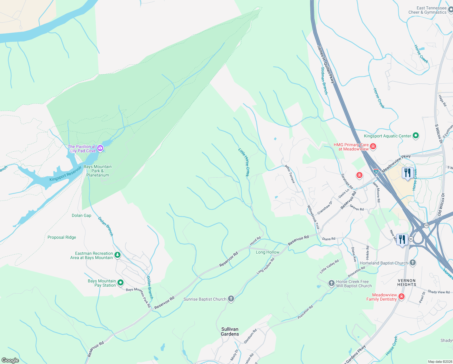 map of restaurants, bars, coffee shops, grocery stores, and more near 400 Hood Road West in Kingsport