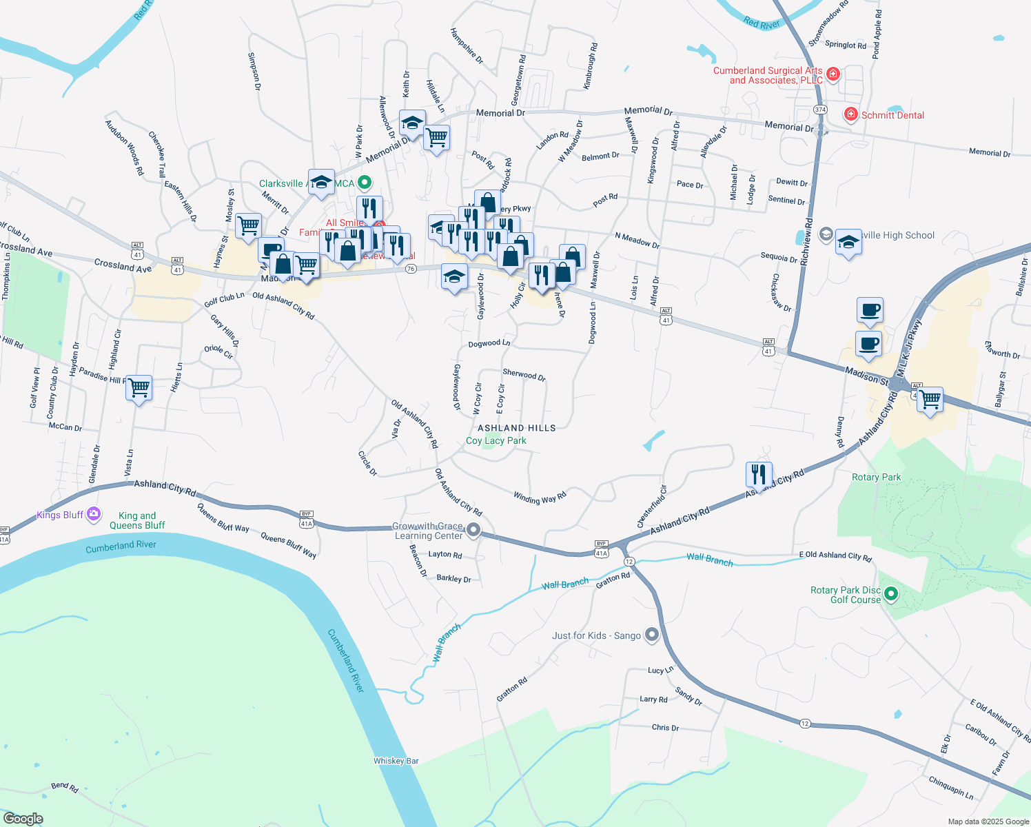 map of restaurants, bars, coffee shops, grocery stores, and more near 101 Lacy Lane in Clarksville