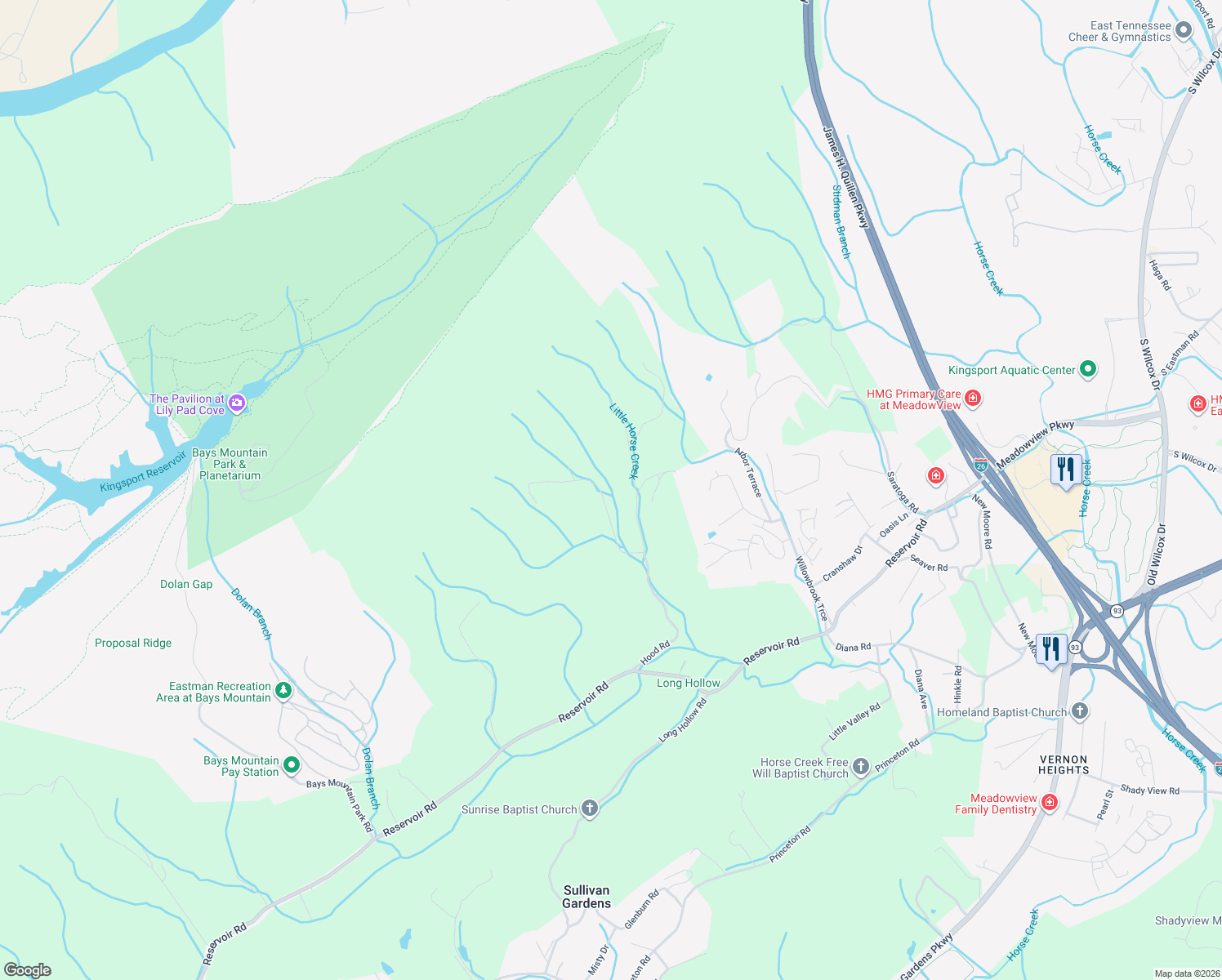 map of restaurants, bars, coffee shops, grocery stores, and more near 400 Hood Road West in Kingsport