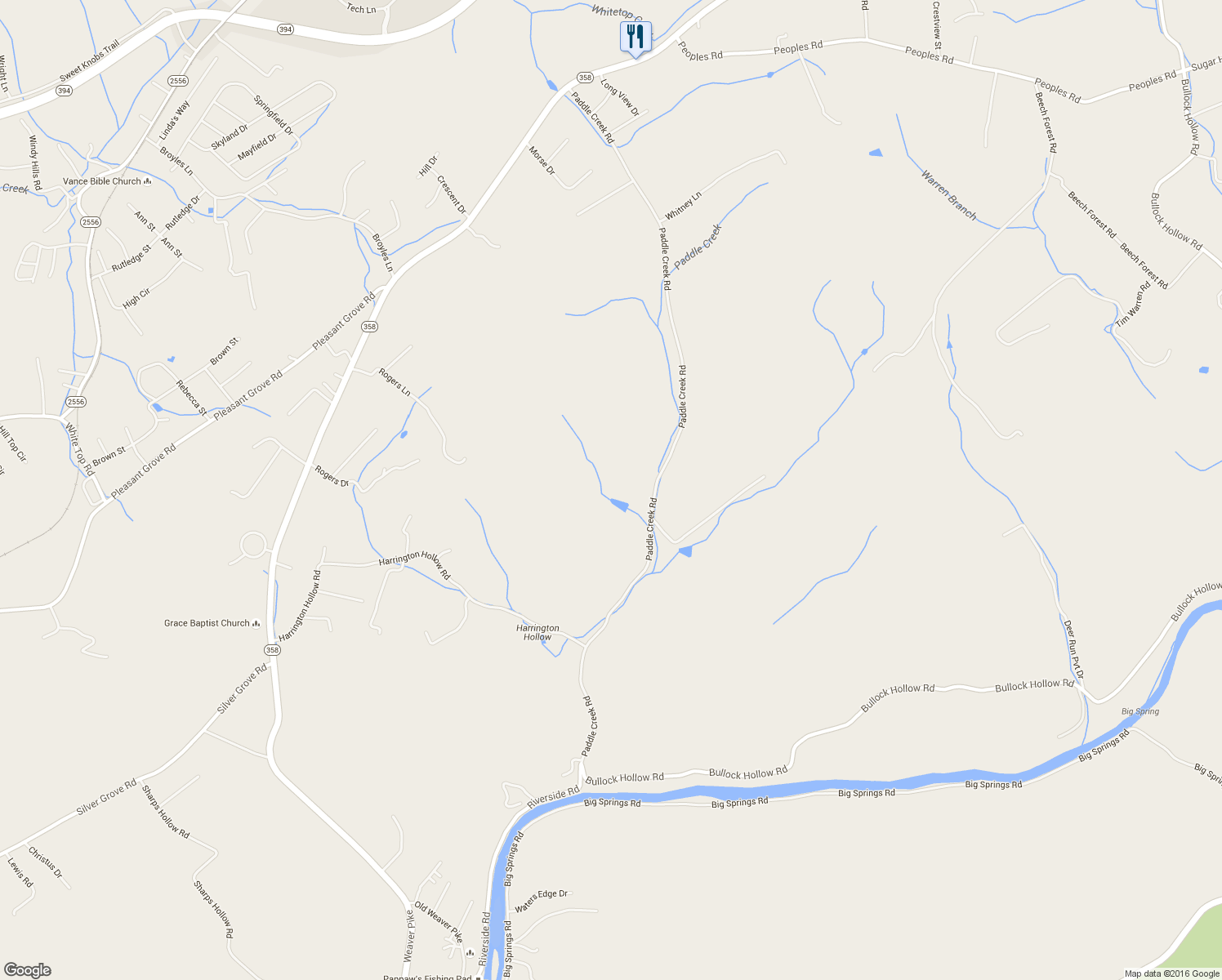 map of restaurants, bars, coffee shops, grocery stores, and more near 634 Paddle Creek Road in Bristol