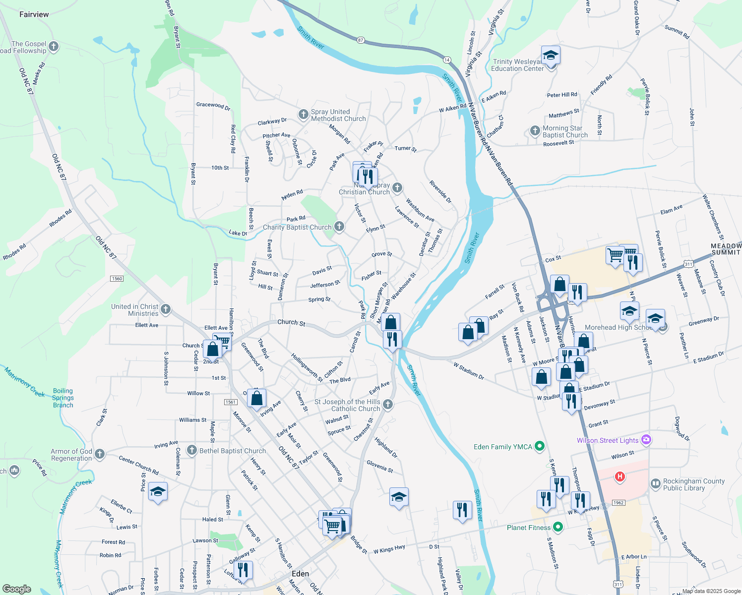 map of restaurants, bars, coffee shops, grocery stores, and more near 607 Water Street in Eden