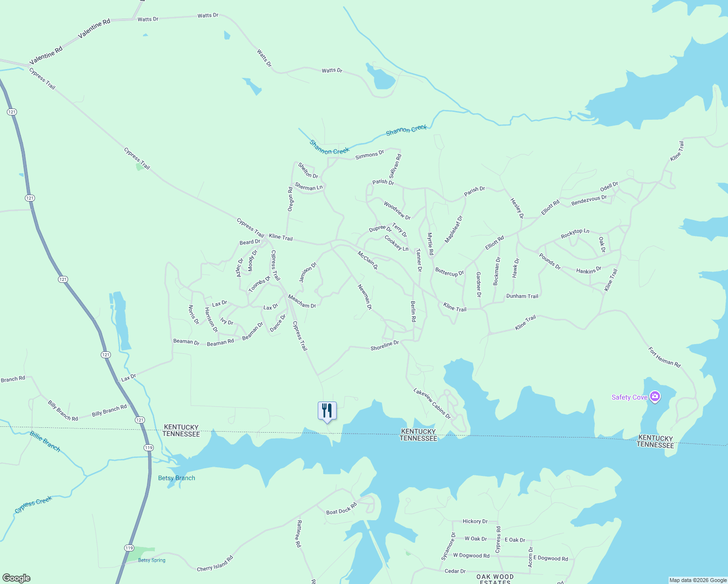 map of restaurants, bars, coffee shops, grocery stores, and more near Newman Drive in Calloway County
