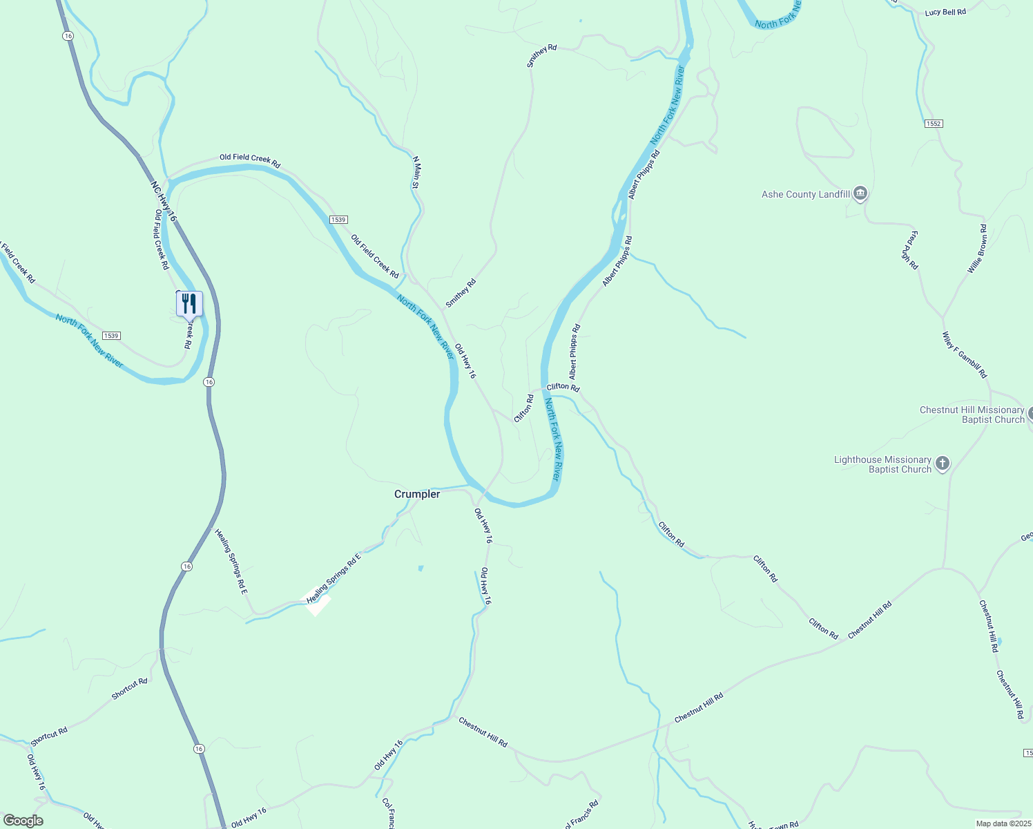 map of restaurants, bars, coffee shops, grocery stores, and more near 138 River Bend Hills Road in Crumpler