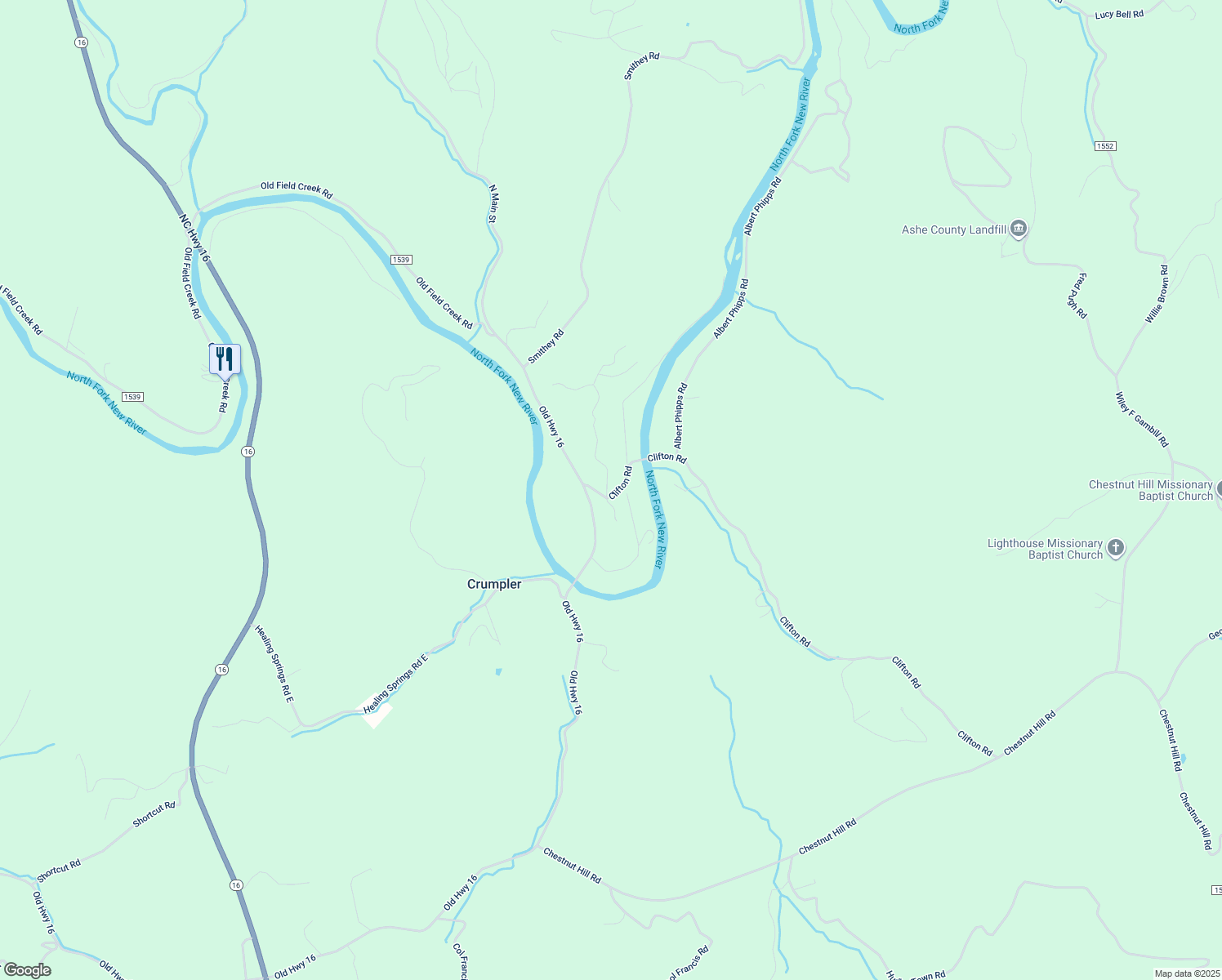 map of restaurants, bars, coffee shops, grocery stores, and more near 138 River Bend Hills Road in Crumpler