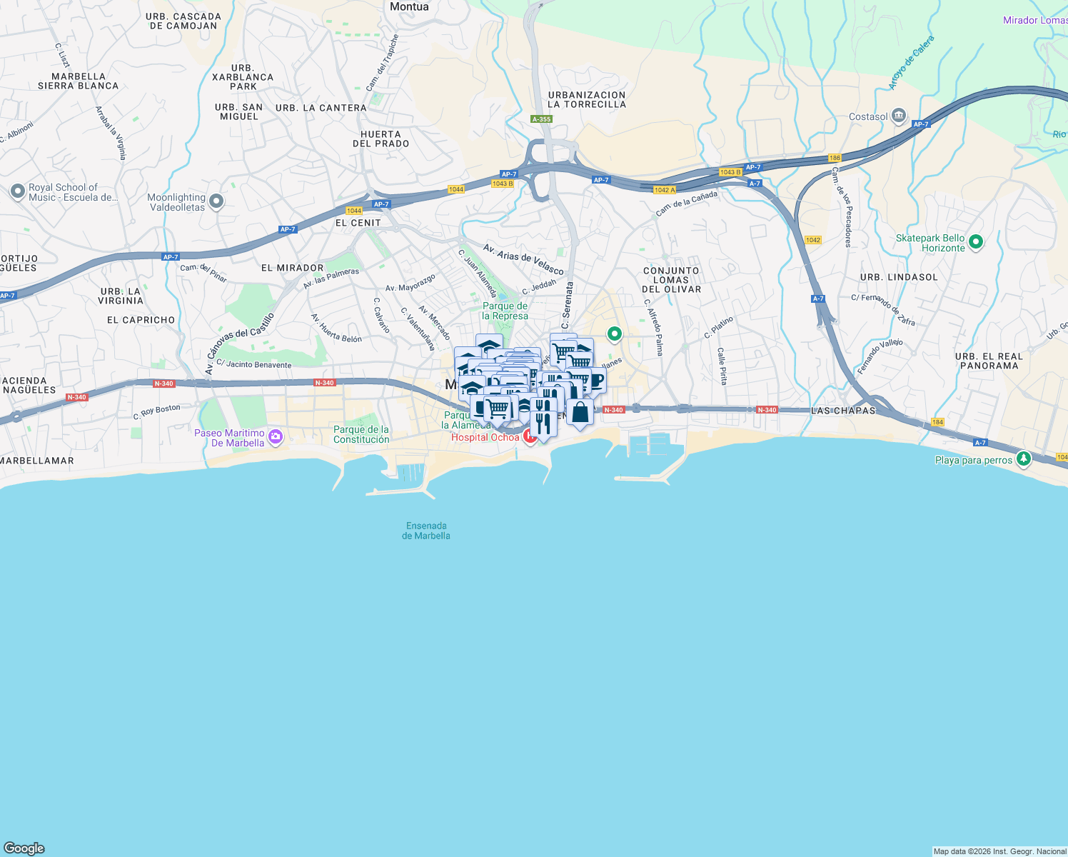 map of restaurants, bars, coffee shops, grocery stores, and more near 6 Avenida Severo Ochoa in Marbella