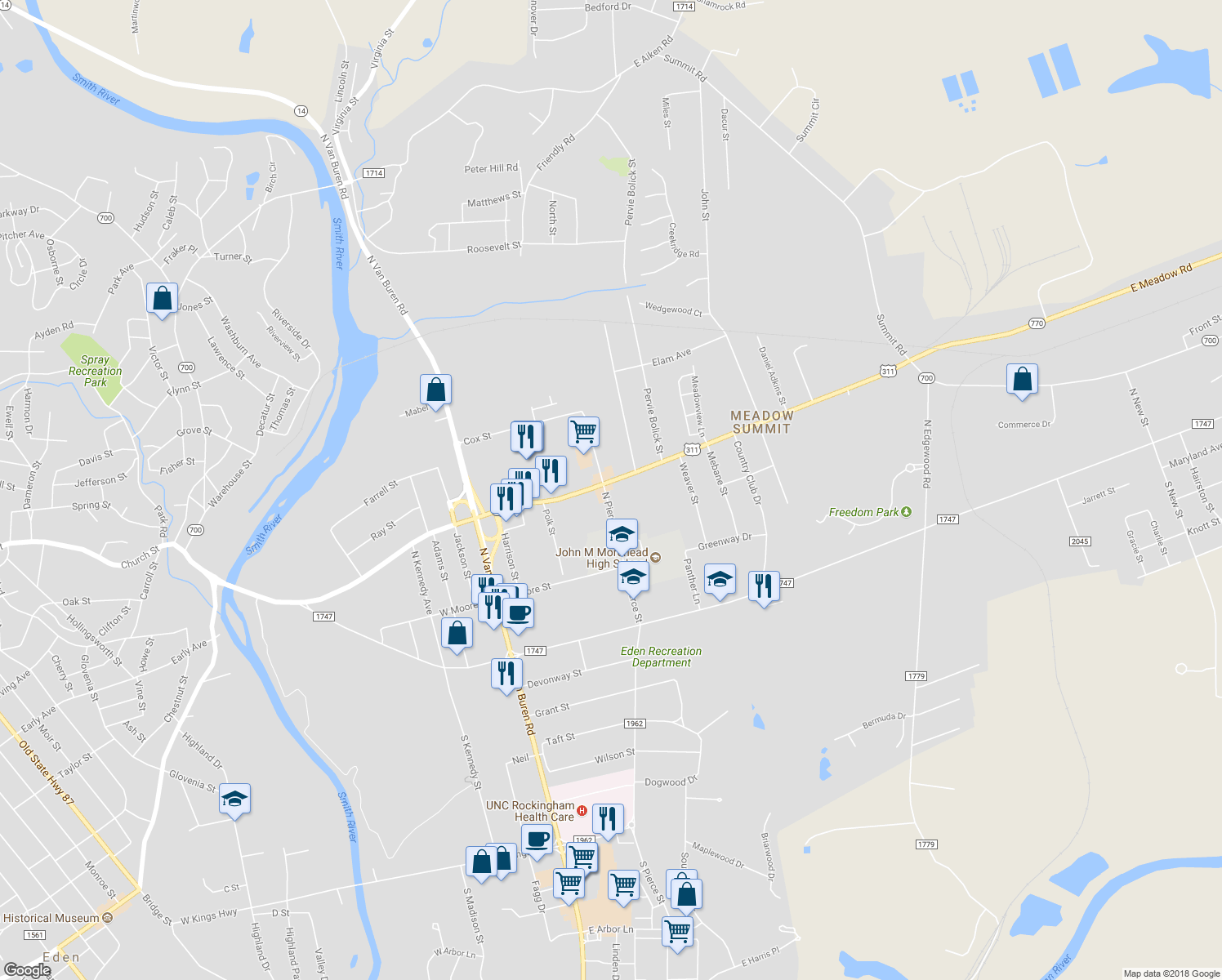 map of restaurants, bars, coffee shops, grocery stores, and more near 248 North Pierce Street in Eden