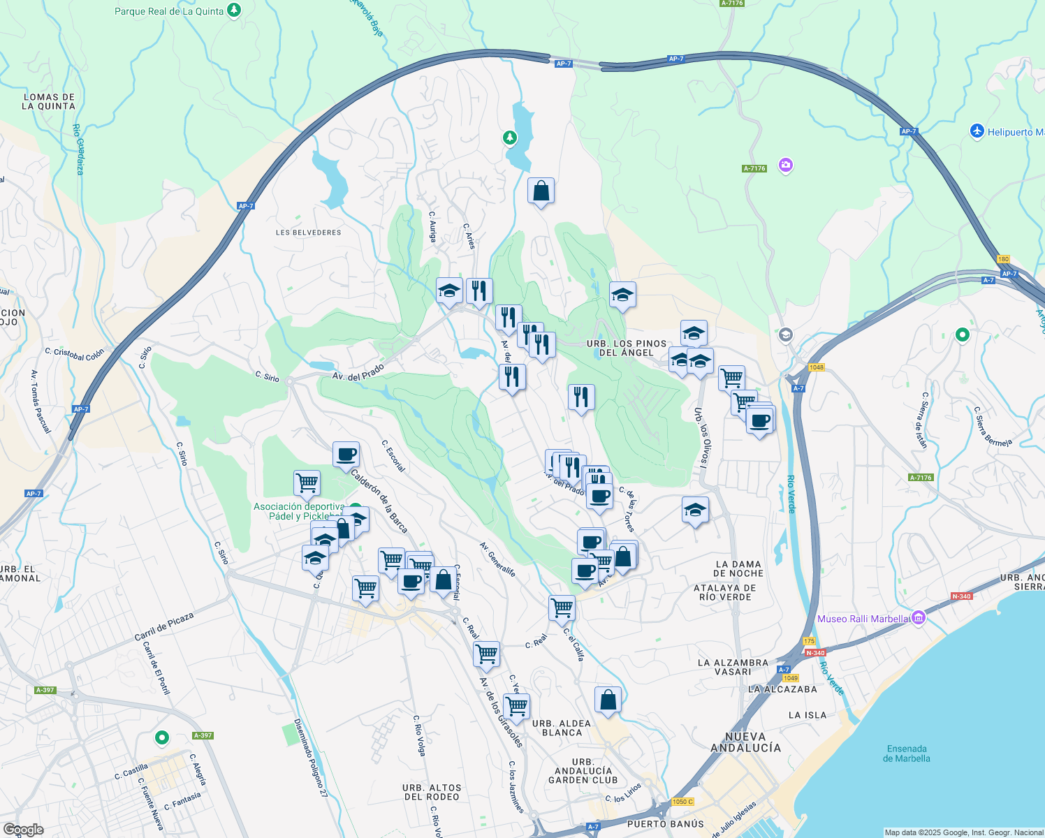 map of restaurants, bars, coffee shops, grocery stores, and more near 100 Avenida del Prado in Marbella