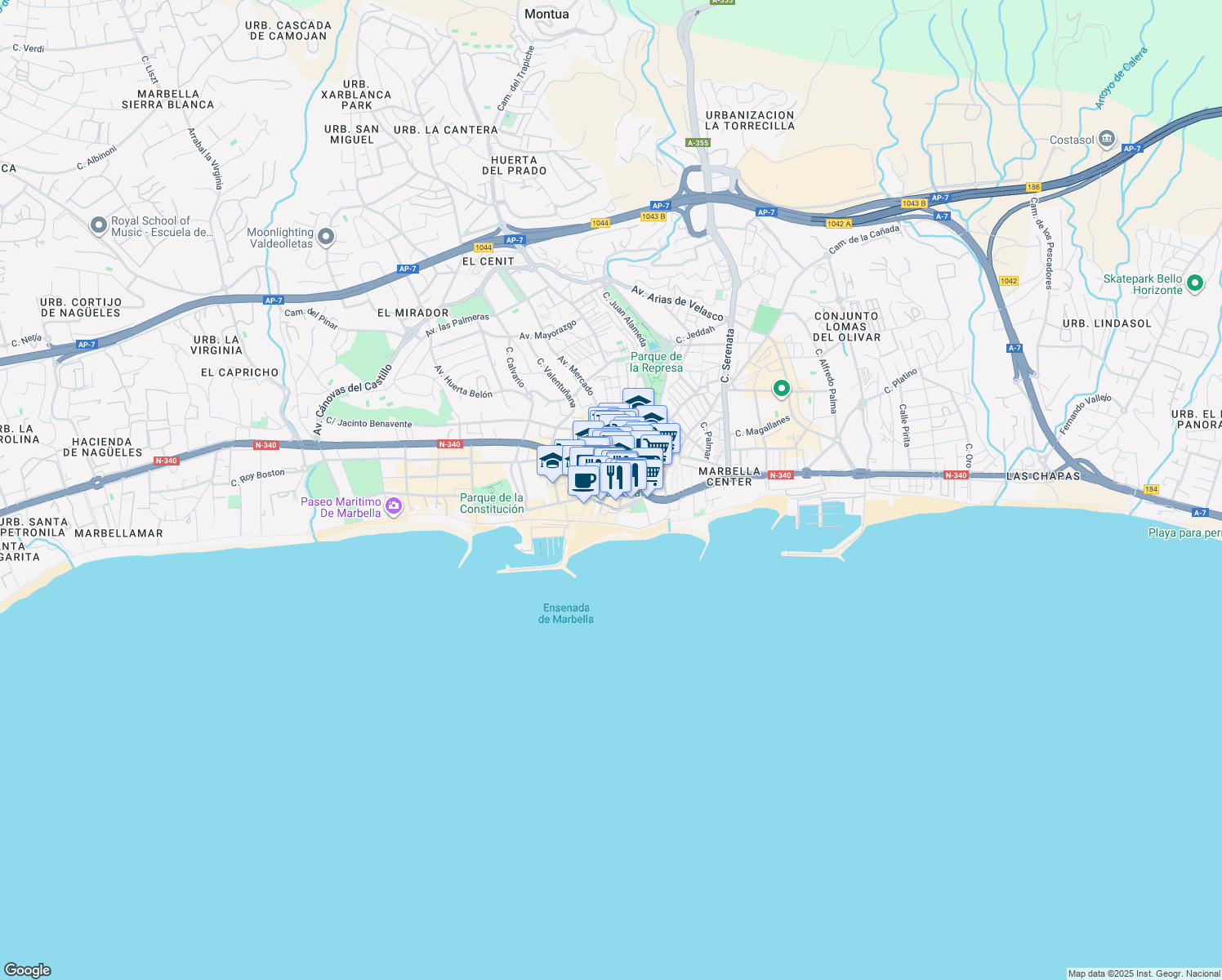map of restaurants, bars, coffee shops, grocery stores, and more near 3 Calle Carlos Mackintosh in Marbella