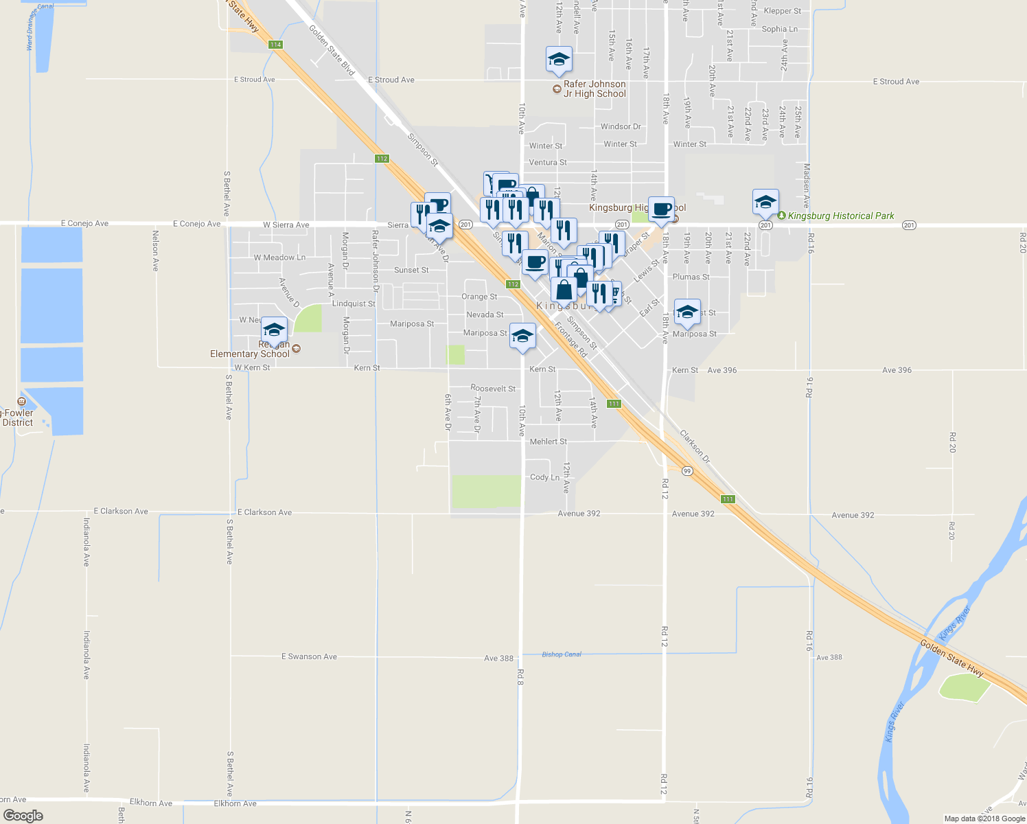 map of restaurants, bars, coffee shops, grocery stores, and more near 860 9th Avenue Drive in Kingsburg