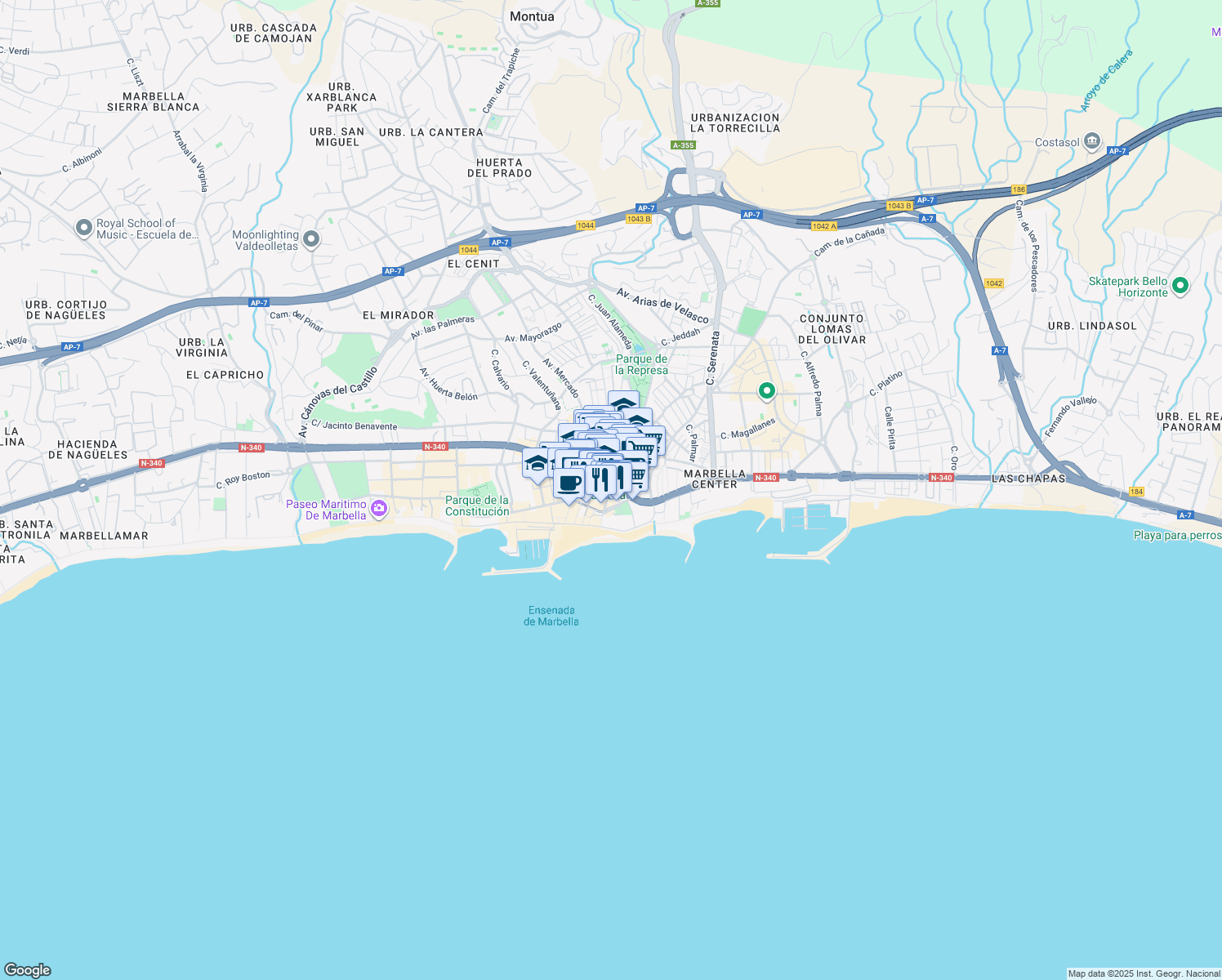 map of restaurants, bars, coffee shops, grocery stores, and more near Avenida Puerta del Mar in Marbella