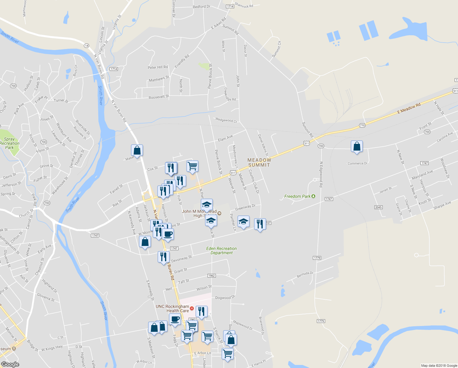 map of restaurants, bars, coffee shops, grocery stores, and more near 241 Weaver Street in Eden