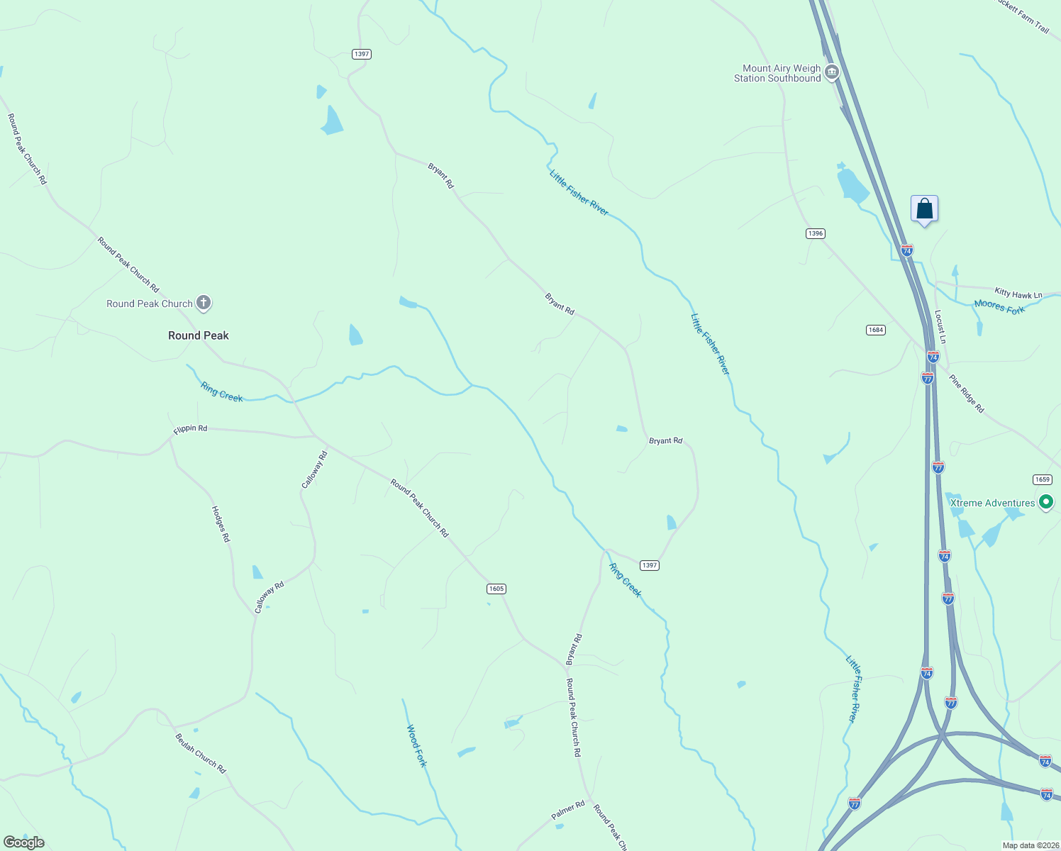 map of restaurants, bars, coffee shops, grocery stores, and more near 124 Ringwood Drive in Mount Airy