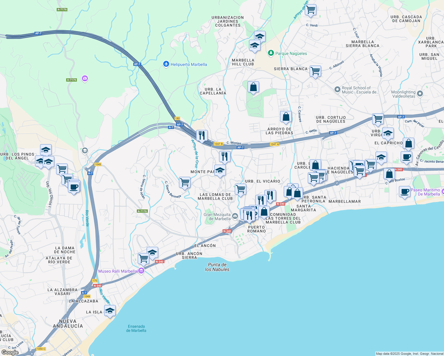 map of restaurants, bars, coffee shops, grocery stores, and more near Calle Real in Marbella