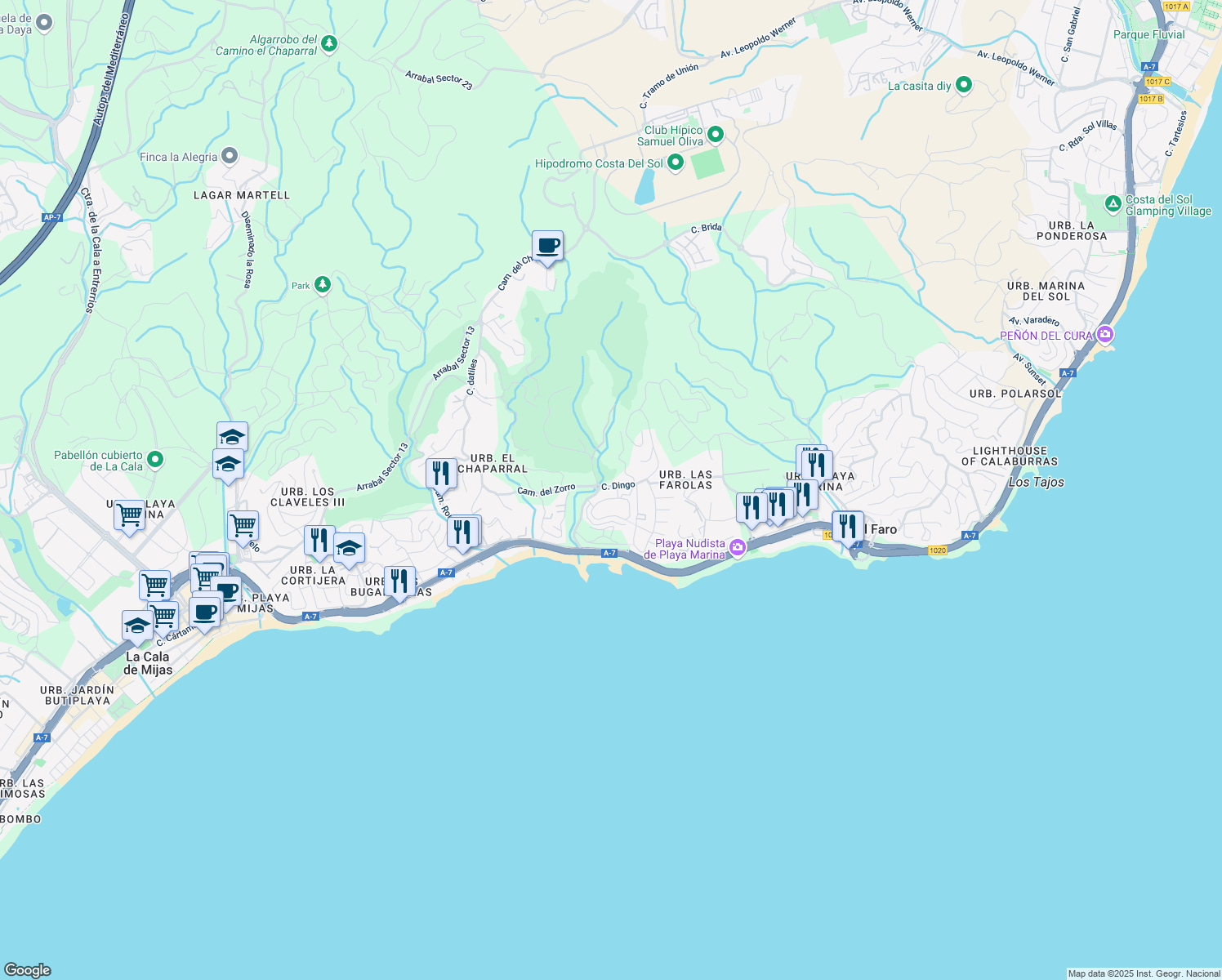 map of restaurants, bars, coffee shops, grocery stores, and more near Avenida Carmen Werner in Málaga