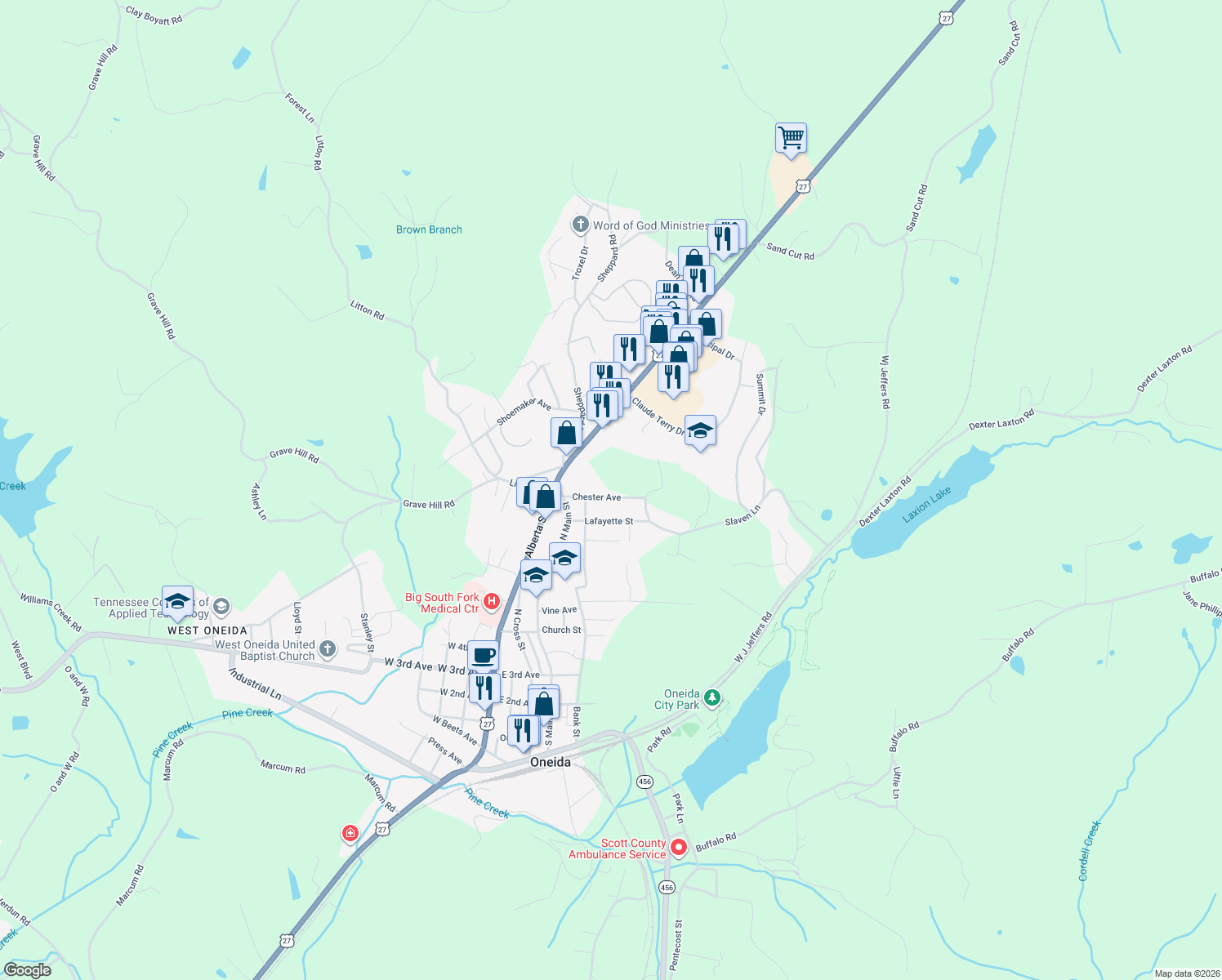 map of restaurants, bars, coffee shops, grocery stores, and more near 205 Chester Ave in Oneida