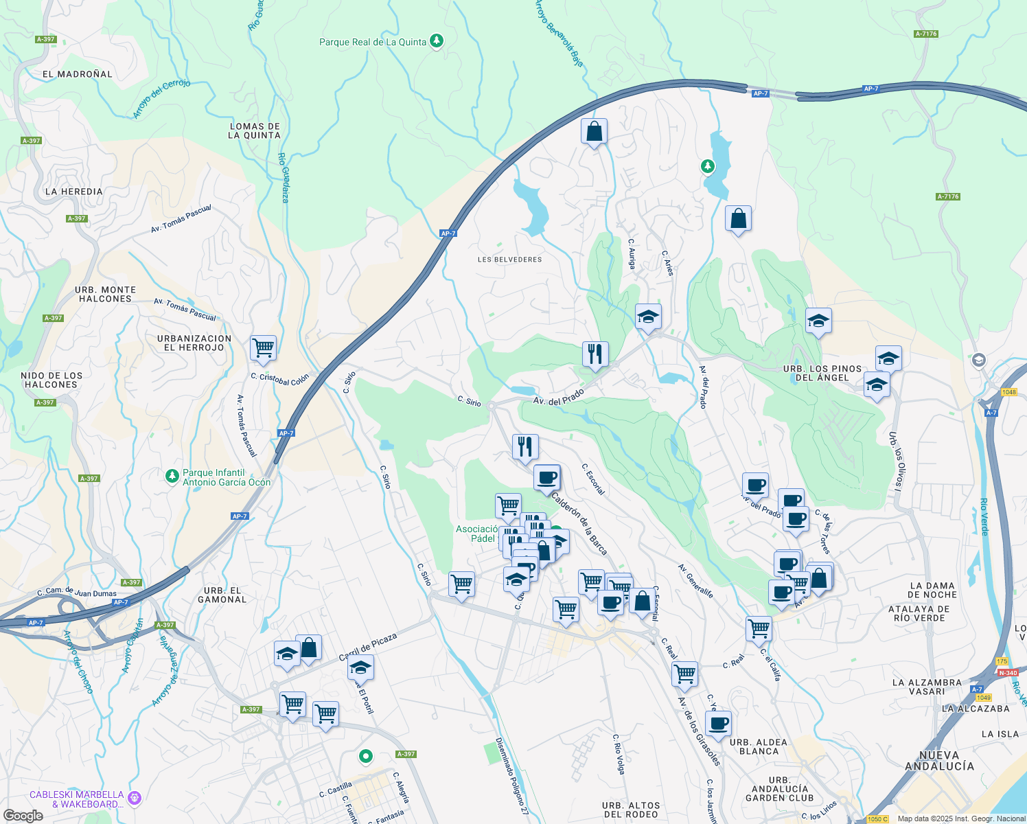 map of restaurants, bars, coffee shops, grocery stores, and more near 12 Avenida Generalife in Marbella