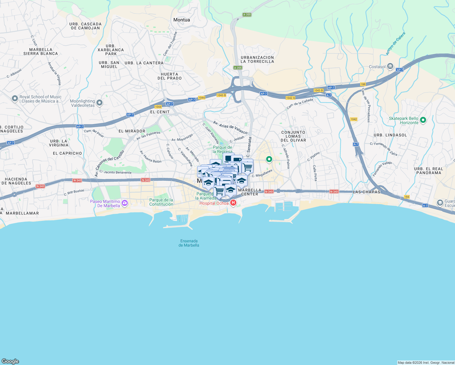 map of restaurants, bars, coffee shops, grocery stores, and more near in Marbella