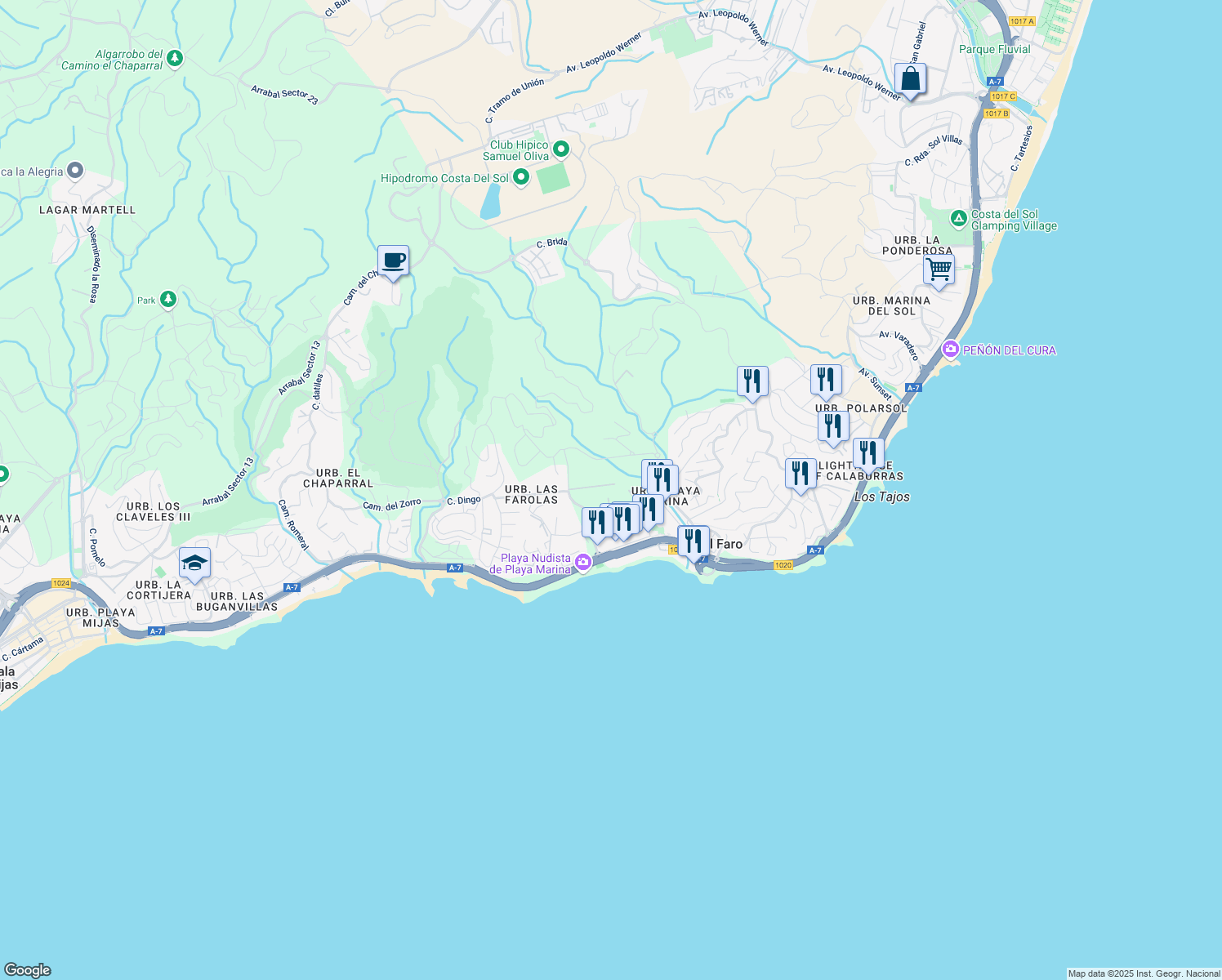 map of restaurants, bars, coffee shops, grocery stores, and more near 1B Calle Aralia in Las Lagunas de Mijas
