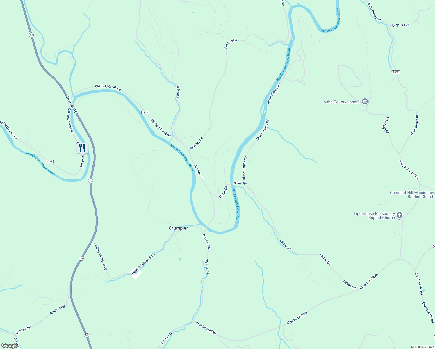 map of restaurants, bars, coffee shops, grocery stores, and more near 292 River Bend Hills Road in Crumpler