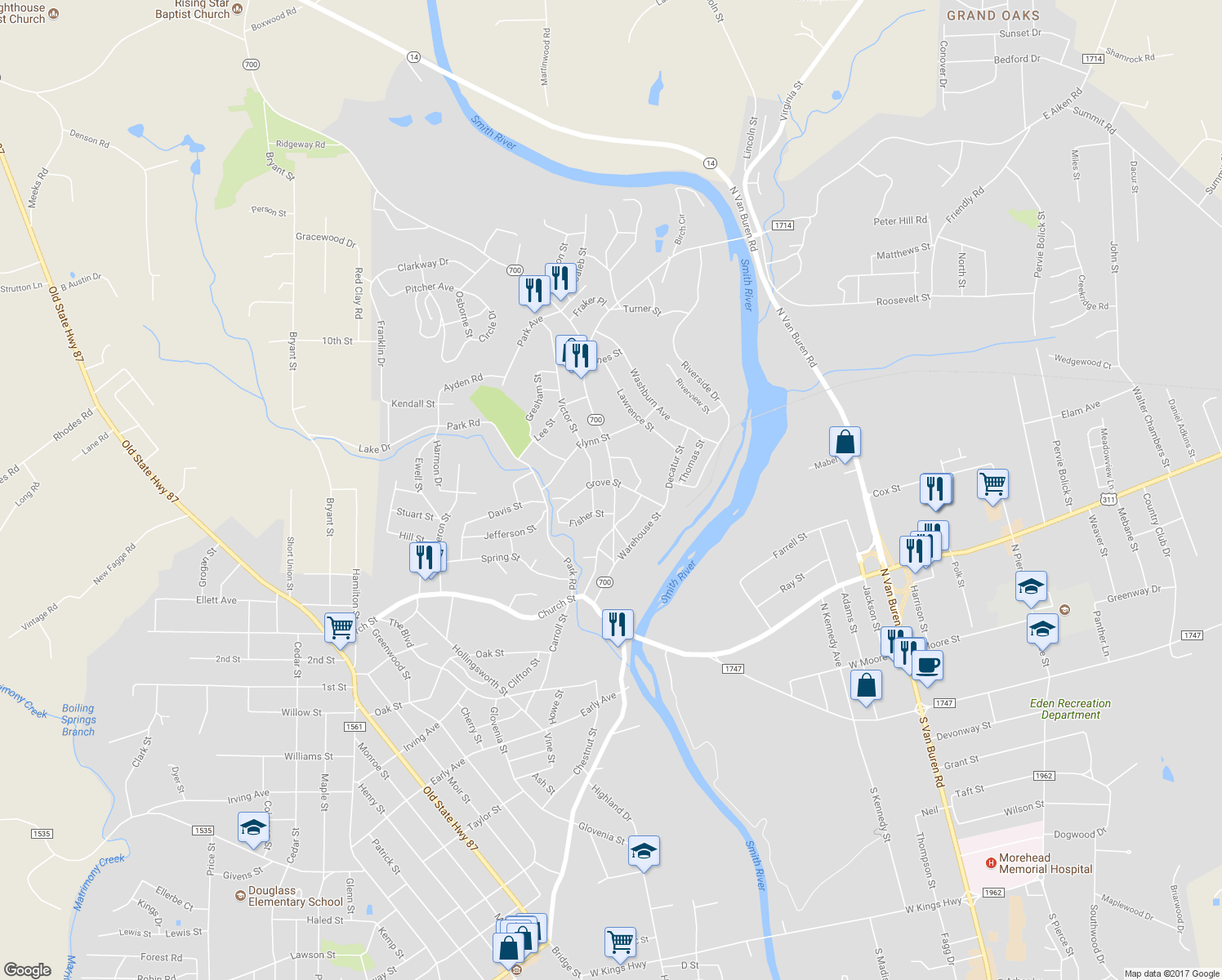 map of restaurants, bars, coffee shops, grocery stores, and more near 323 Morgan Road in Eden