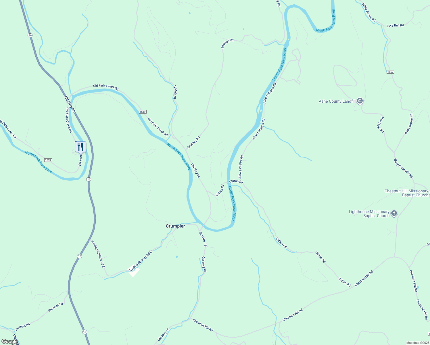 map of restaurants, bars, coffee shops, grocery stores, and more near 292 River Bend Hills Road in Crumpler